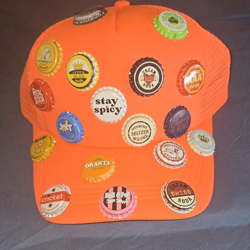 Bright Orange Cap with Bottle Cap Decor